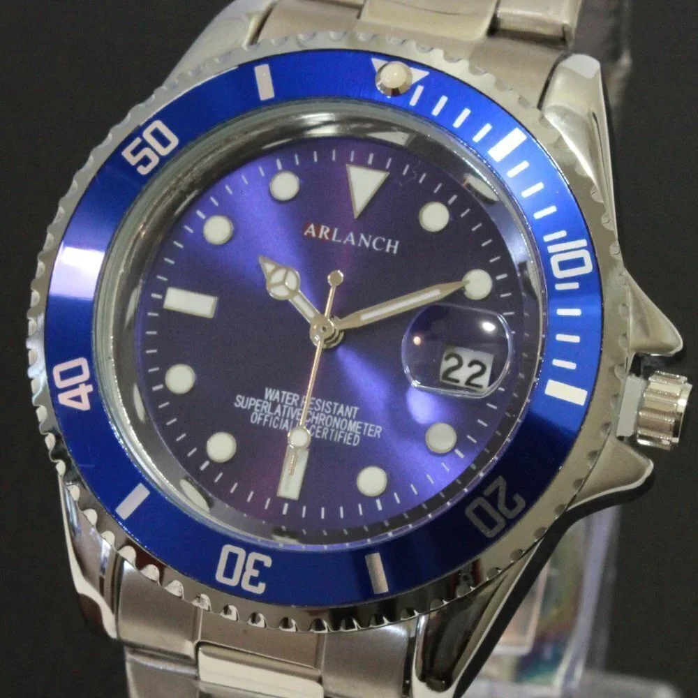 Men's Diver Style Watch Blue Uni-directional Bezel Stainless Bracelet 40mm